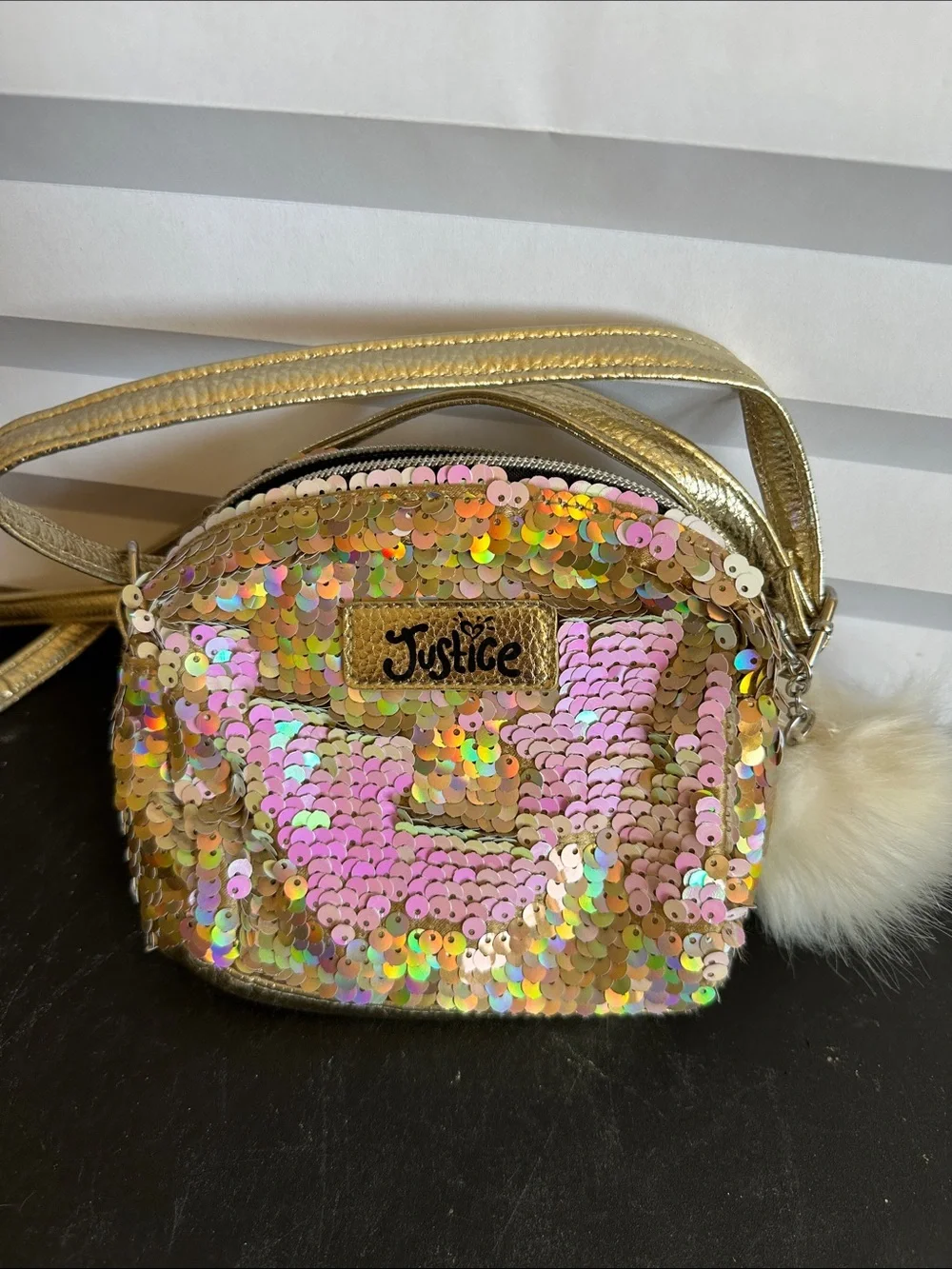 Justice Girls Pink Gold Reverse Sequin Flip Purse Crossbody Bag Sparkle